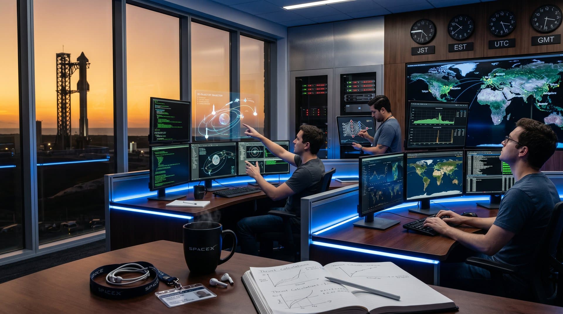 SpaceX engineers collaborating on Cursor AI code in high-tech bay with rocket views