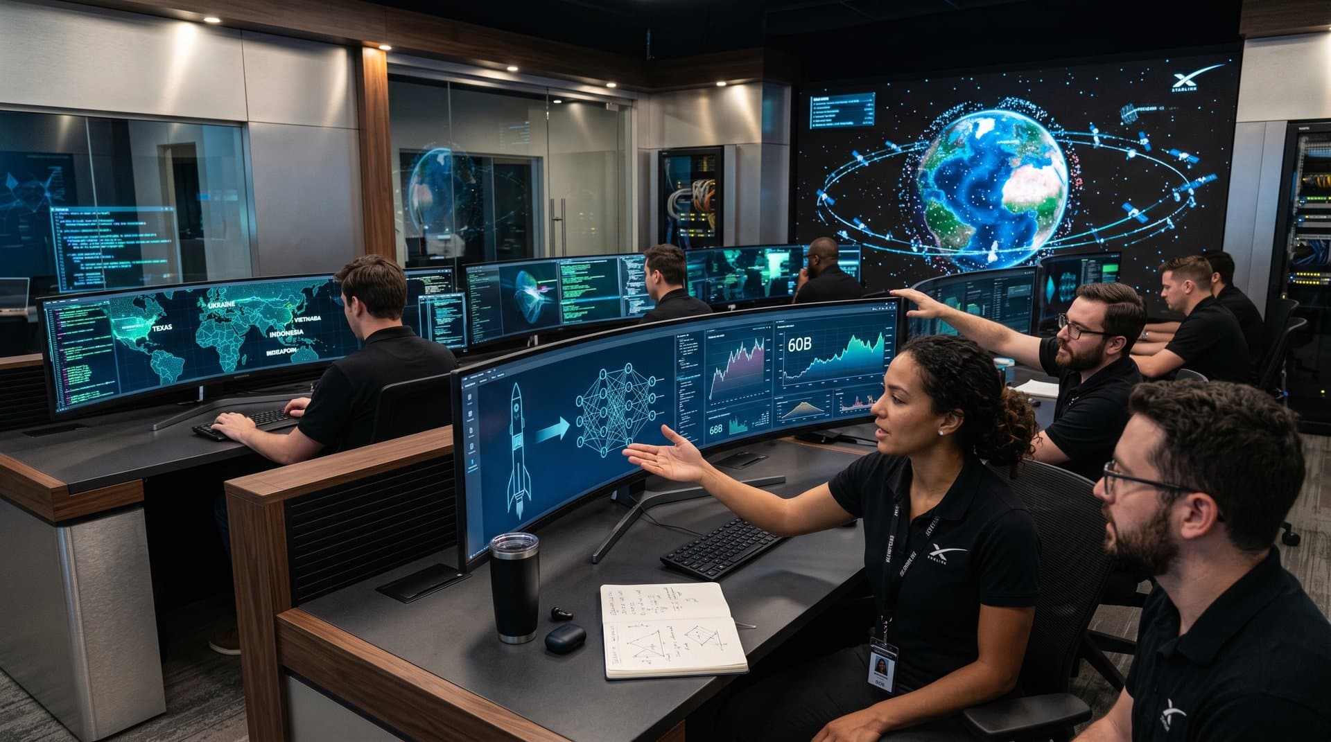 Abstract high-tech SpaceX AI coding control room with holographic code, global maps, Starlink models, and financial charts in cyberpunk style